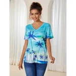 Women's T Shirt Plants Hawaiian Short Sleeve V Neck Regular Tops Vacation Print Green Summer 2025 - Image 2