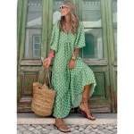 Women's Geometric Print V Neck Lantern Sleeve Maxi Dress Casual Daily Vacation 3/4 Length Sleeve Summer Spring 2025 - Image 2