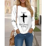 Women's T shirt Long Sleeve Letter Cross Casual Long Sleeve Round Neck Regular Tops Daily Weekend Print White Fall Winter Prefall 2025 - Image 3