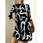 Women's Geometric Stand Collar Mini Dress 3/4 Length Sleeve Spring Fall 2025