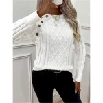Women's Sweater Casual Soft Pure Color Cable Crew Neck Buttons Knitted Long Sleeve Regular Tops Knit Outdoor Daily Weekend Black White Fall Winter 202 - Image 4