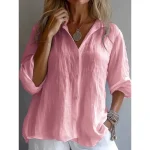 Women's 100% Cotton Shirt Solid Color Plain Stylish Casual Long Sleeve Shirt Collar Regular Tops Daily Holiday Buttons White Yellow Pink Blue Summer S - Image 3