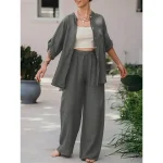 Women's Basic Shirt Two Piece Sets Pants Sets Wide Leg Pants Trousers Long Sleeve Shirt Collar Plain Daily Wear Casual Daily Navy Blue Orange Brown Sp - Image 4