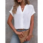 Women's Shirt Button Down Blouse Solid Color Stylish Casual Short Sleeve Notched Neck Regular Tops Daily Buttons White Summer 2025