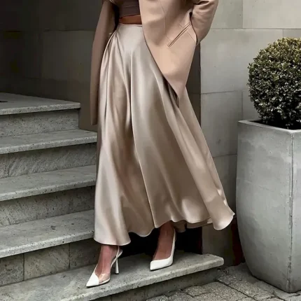 Women's Skirt Swing Long Skirt Elegant Fashion Maxi High Waist Skirts Solid Colored Street Daily Black White Khaki Summer Satin 2025