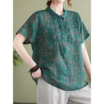 Women's Cotton Linen Shirts Floral Basic Casual Short Sleeve Shirt Collar Regular Tops Daily Buttons Print Blue Green Summer 2025 - Image 2