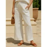 Women's Cotton Linen Wide Leg Chinos Ethnic Style Basic Casual Full Length Medium Waist Plain Pocket Comfort Outdoor Inelastic Causal Daily Black Whit - Image 2
