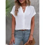 Women's Shirt Button Down Blouse Solid Color Stylish Casual Short Sleeve Notched Neck Regular Tops Daily Buttons White Summer 2025 - Image 4