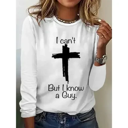 Women's T shirt Long Sleeve Letter Cross Casual Long Sleeve Round Neck Regular Tops Daily Weekend Print White Fall Winter Prefall 2025