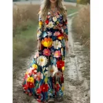 Women's Maxi Dress A Line Dress Pleated Dress Fit And Flare Dress Boho Date Going out Regular Fit Floral Graphic Animal Long Sleeve V Neck Blue Orange - Image 2