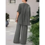 Women's Basic Shirt Two Piece Sets Pants Sets Wide Leg Pants Trousers Long Sleeve Shirt Collar Plain Daily Wear Casual Daily Navy Blue Orange Brown Sp - Image 3