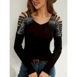 Women's Sequin Sparkly Party Glitter Plain Fashion Modern Casual Long Sleeve V Neck Regular Tops Daily Weekend Patchwork Cut Out Black Green Fall 2025 - Image 2