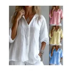 Women's 100% Cotton Shirt Solid Color Plain Stylish Casual Long Sleeve Shirt Collar Regular Tops Daily Holiday Buttons White Yellow Pink Blue Summer S