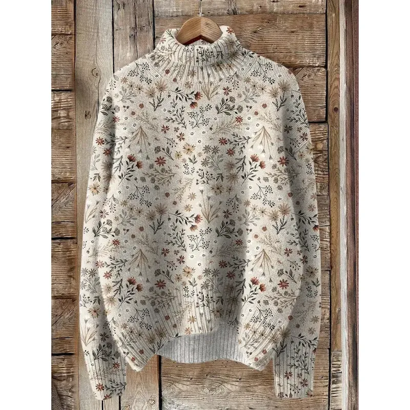 ecsdvz1755686587978.webp Women's Sweater Cardigan Elegant Fashion Streetwear Floral Turtleneck Floral Buttons Knitted Long Sleeve Regular Tops Knit Outdoor Daily Weekend Yello - Image 1