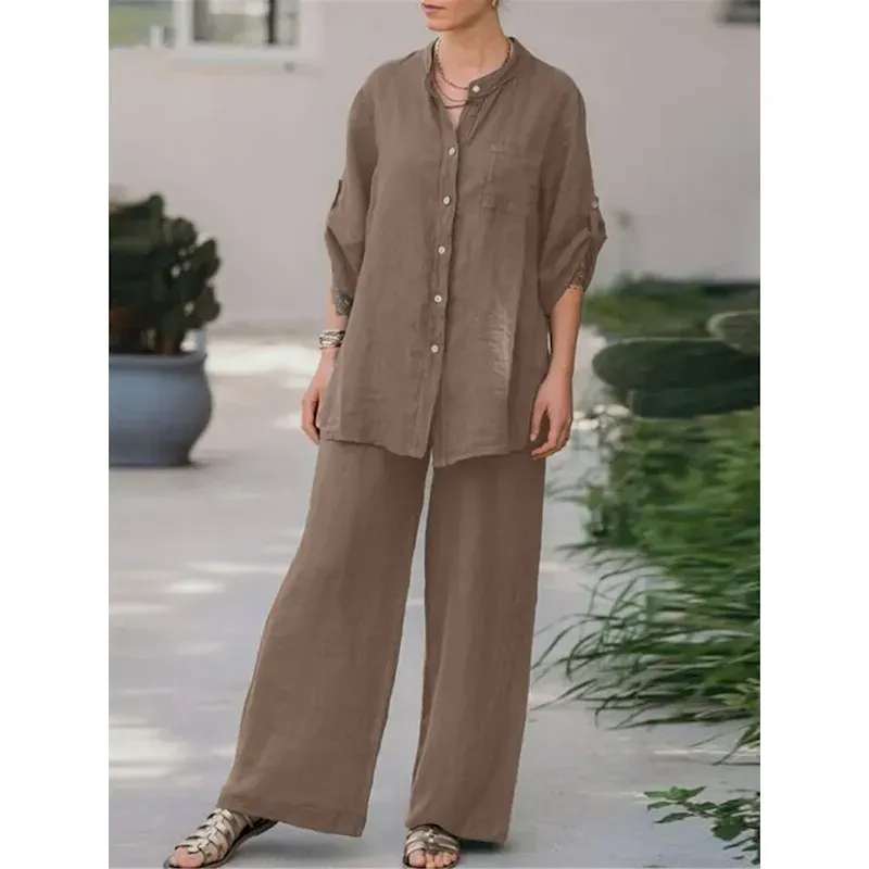 egbptk1709634012857.webp Women's Basic Shirt Two Piece Sets Pants Sets Wide Leg Pants Trousers Long Sleeve Shirt Collar Plain Daily Wear Casual Daily Navy Blue Orange Brown Sp - Image 1