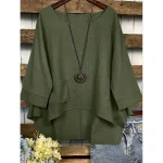 Women's Cotton Linen Blouse Solid Color Elegant Casual 3/4 Length Sleeve Crew Neck Boat Neck Regular Tops Daily Holiday Black White Navy Blue Green Su