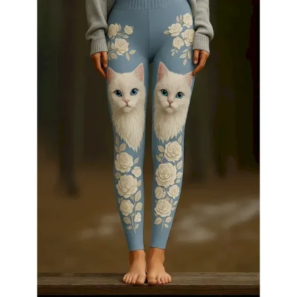 Women's Leggings Vacation Vintage Ethnic Style Full Length High Waist Graphic Cat 3D Print Quick Dry Breathability Soft Stretchy Outdoor Home Causal B