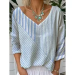 Women's Blouse Graphic Geometric Striped Elegant Tropical Daily 3/4 Length Sleeve V Neck Regular Tops Daily Black Blue Rainbow Summer Spring 2025 - US - Image 2