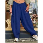 Women's Wide Leg Baggy Pants Solid Color Bloomers Fashion Basic Full Length Medium Waist Plain Pocket Elastic Waist Comfort Outdoor Micro-elastic Vaca