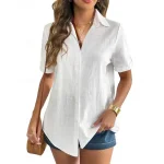 Women's Shirt Cotton Linen Shirts Button Up Blouse Solid Color Stylish Casual Short Sleeve Shirt Collar Regular Tops Daily Buttons White Blue Summer S - Image 2