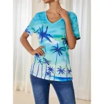 Women's T Shirt Plants Hawaiian Short Sleeve V Neck Regular Tops Vacation Print Green Summer 2025 - Image 5