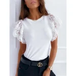 Women's Lace Splicing Top Sexy Sleeveless Crew Neck Regular Tops off white Black Summer Spring 2025 - Image 3