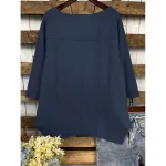 Women's Cotton Linen Blouse Solid Color Elegant Casual 3/4 Length Sleeve Crew Neck Boat Neck Regular Tops Daily Holiday Black White Navy Blue Green Su - Image 5