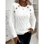 Women's Sweater Casual Soft Pure Color Cable Crew Neck Buttons Knitted Long Sleeve Regular Tops Knit Outdoor Daily Weekend Black White Fall Winter 202 - Image 3