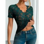 Women's Blouse Lace Tops Solid Color Stylish Casual Short Sleeve V Neck Regular Tops Daily Lace Patchwork Black White Green Summer Spring 2025