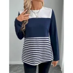 Women's T shirt Crew Neck Long Sleeve Tunic Striped Casual  Regular Tops Daily Print Blue Spring Fall 2025