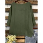 Women's Cotton Linen Blouse Solid Color Elegant Casual 3/4 Length Sleeve Crew Neck Boat Neck Regular Tops Daily Holiday Black White Navy Blue Green Su - Image 2
