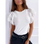 Women's Lace Splicing Top Sexy Sleeveless Crew Neck Regular Tops off white Black Summer Spring 2025 - Image 5