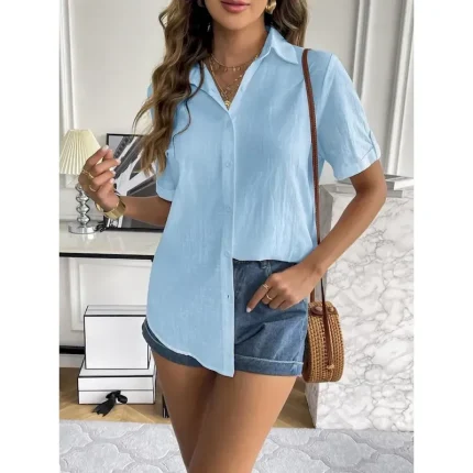 Women's Shirt Cotton Linen Shirts Button Up Blouse Solid Color Stylish Casual Short Sleeve Shirt Collar Regular Tops Daily Buttons White Blue Summer S