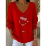 Women's Sweater Pullover Fashion Streetwear Casual Graphic Wine Glass V Neck Oversized Knitted Long Sleeve Regular Tops Knit Christmas Party New Year - Image 3