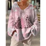 Women's Sweater Casual Soft Floral Graphic Ribbed V Neck Knitted Print Long Sleeve Regular Tops Knit Outdoor Daily Weekend Pink Blue Fall Winter 2025 - Image 3