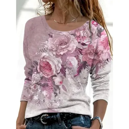Women's T Shirt Ombre Floral Graphic Vintage Fashion Stylish Long Sleeve Round Neck Regular Tops Daily Weekend Print Yellow Pink Blue Purple Gray Spri