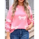 Women's Valentine Pink Sweater Pullover Elegant Color Block Crew Neck Knitted Long Sleeve Regular Tops Knit Fashion Streetwear Outdoor Daily Weekend P - Image 2