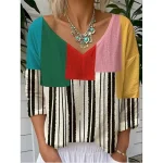 Women's Blouse Graphic Geometric Striped Elegant Tropical Daily 3/4 Length Sleeve V Neck Regular Tops Daily Black Blue Rainbow Summer Spring 2025 - US
