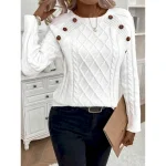 Women's Sweater Casual Soft Pure Color Cable Crew Neck Buttons Knitted Long Sleeve Regular Tops Knit Outdoor Daily Weekend Black White Fall Winter 202