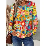 Women's T shirt Crew Neck Long Sleeve Tunic Graphic Casual  Regular Tops Daily Print Orange Spring Fall 2025