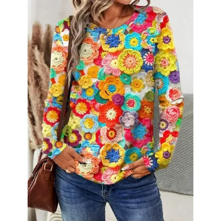 Women's T shirt Crew Neck Long Sleeve Tunic Graphic Casual  Regular Tops Daily Print Orange Spring Fall 2025