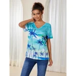 Women's T Shirt Plants Hawaiian Short Sleeve V Neck Regular Tops Vacation Print Green Summer 2025 - Image 3