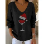 Women's Sweater Pullover Fashion Streetwear Casual Graphic Wine Glass V Neck Oversized Knitted Long Sleeve Regular Tops Knit Christmas Party New Year - Image 2