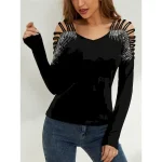 Women's Sequin Sparkly Party Glitter Plain Fashion Modern Casual Long Sleeve V Neck Regular Tops Daily Weekend Patchwork Cut Out Black Green Fall 2025 - Image 4