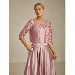 Women's Lace Tops Jacket Floral Elegant Party Crew Neck Crop Tops Wedding Guest Party Evening Wear Lace Embroidered Blush Pink Summer Spring Fall 2025