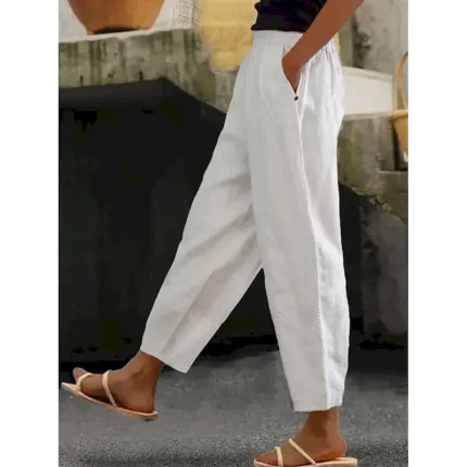 Women's Cotton Linen Pants Baggy Pants Linen Like Solid Color Fashion Ankle-Length Plain Side Pockets Comfort Inelastic Casual Weekend White Regular F