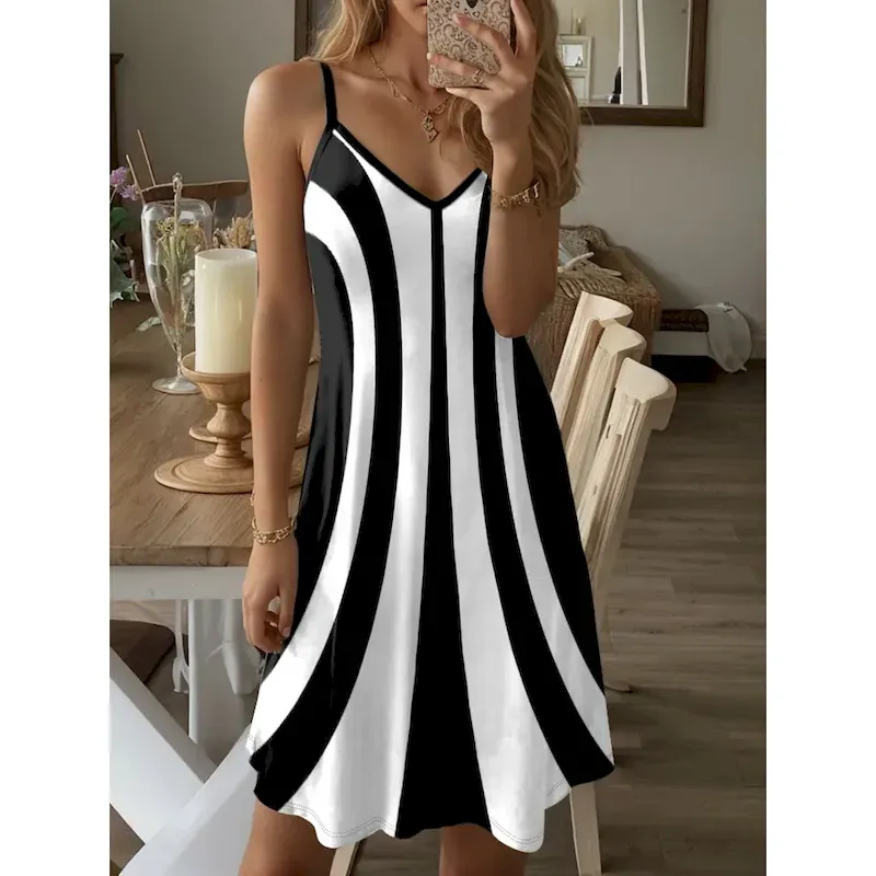 oymhgo1744695400753-282.webp Women's Mini Dress A Line Dress Slip Dress Off The Shoulder Dress Vacation Casual Going out Beach Regular Fit Graphic Geometric Sleeveless V Neck Whit - Image 1