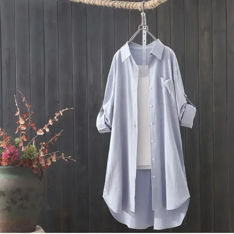 poetxi1706066584725.webp Cotton Linen Shirts Linen Shirt Button Up Long Cotton Top Women's White Yellow Pink Solid Color Buttons Long Street Daily Fashion Shirt Collar Cotton - Image 1