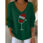 Women's Sweater Pullover Fashion Streetwear Casual Graphic Wine Glass V Neck Oversized Knitted Long Sleeve Regular Tops Knit Christmas Party New Year
