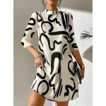 Women's Geometric Stand Collar Mini Dress 3/4 Length Sleeve Spring Fall 2025 - Image 2
